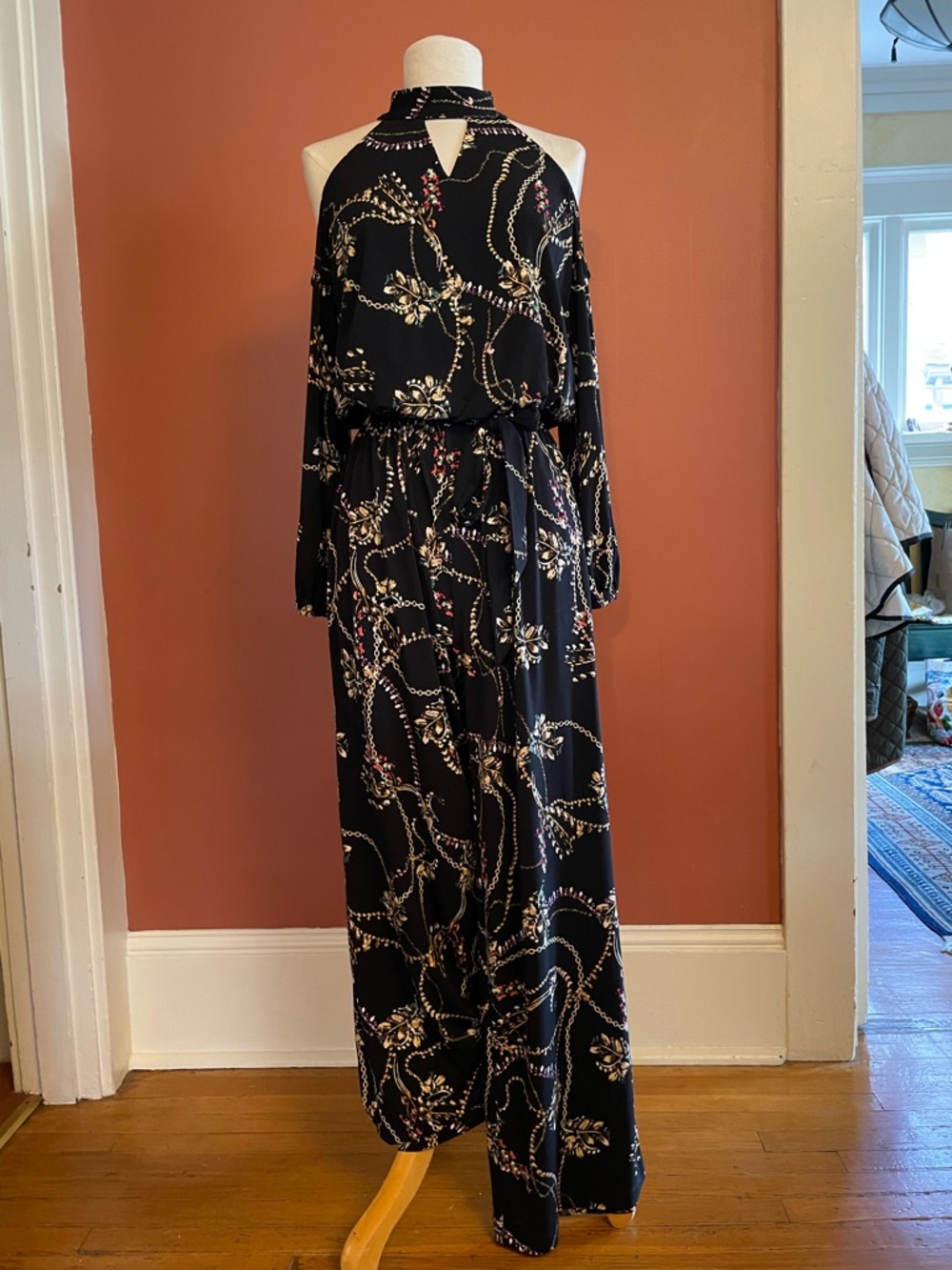 Thalia Sodi Black Floral & Chain Print Halter Jumpsuit